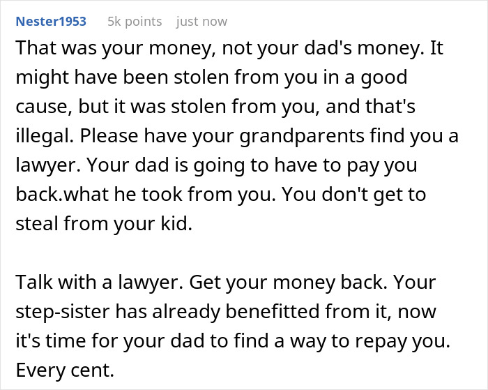 Comment explaining legal advice on dad stealing son's inheritance, mentioning grandparents and repayment advice.
