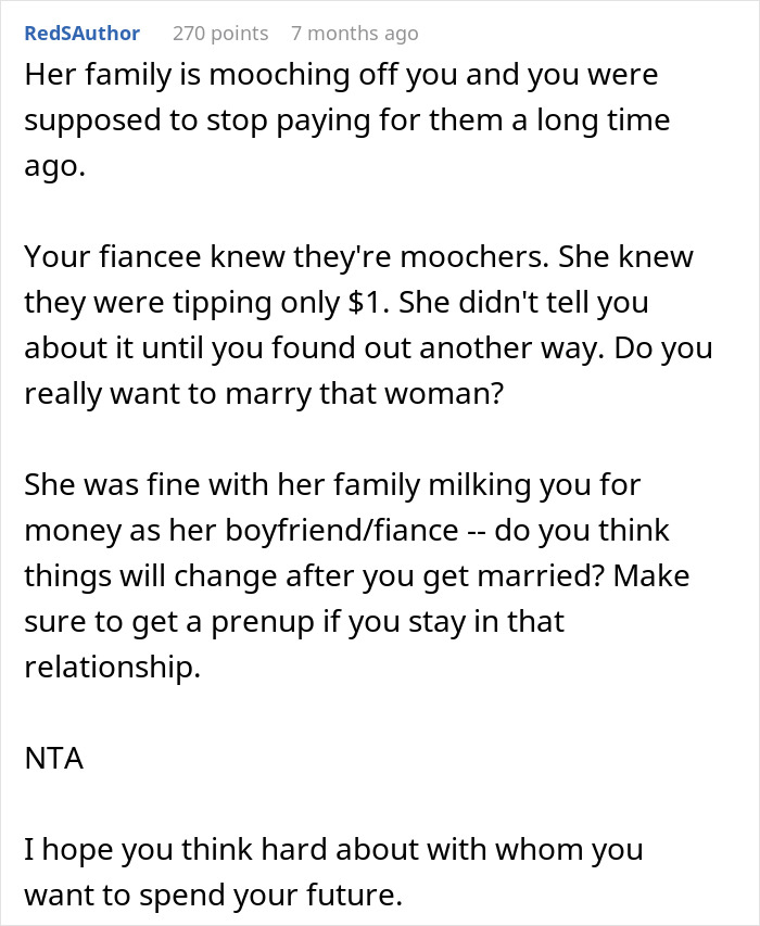 Text comment discussing a man refusing to pay for fiancée's family dinners due to their $1 tipping habit. Text comment discussing a man refusing to pay for fiancée's family dinners due to their $1 tipping habit.