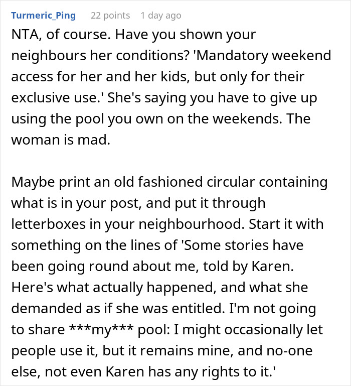 Text discussion about Karen using neighbor’s pool and imposing rules, highlighting disputes over pool ownership rights. Text discussion about Karen using neighbor’s pool and imposing rules, highlighting disputes over pool ownership rights.