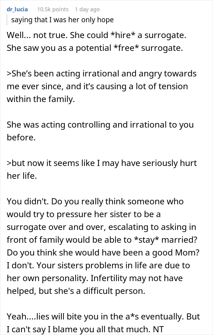 Woman Wants To Avoid Surrogacy, Tells Sister She’s Infertile, Sister Explodes When Truth Comes Out Woman Wants To Avoid Surrogacy, Tells Sister She’s Infertile, Sister Explodes When Truth Comes Out