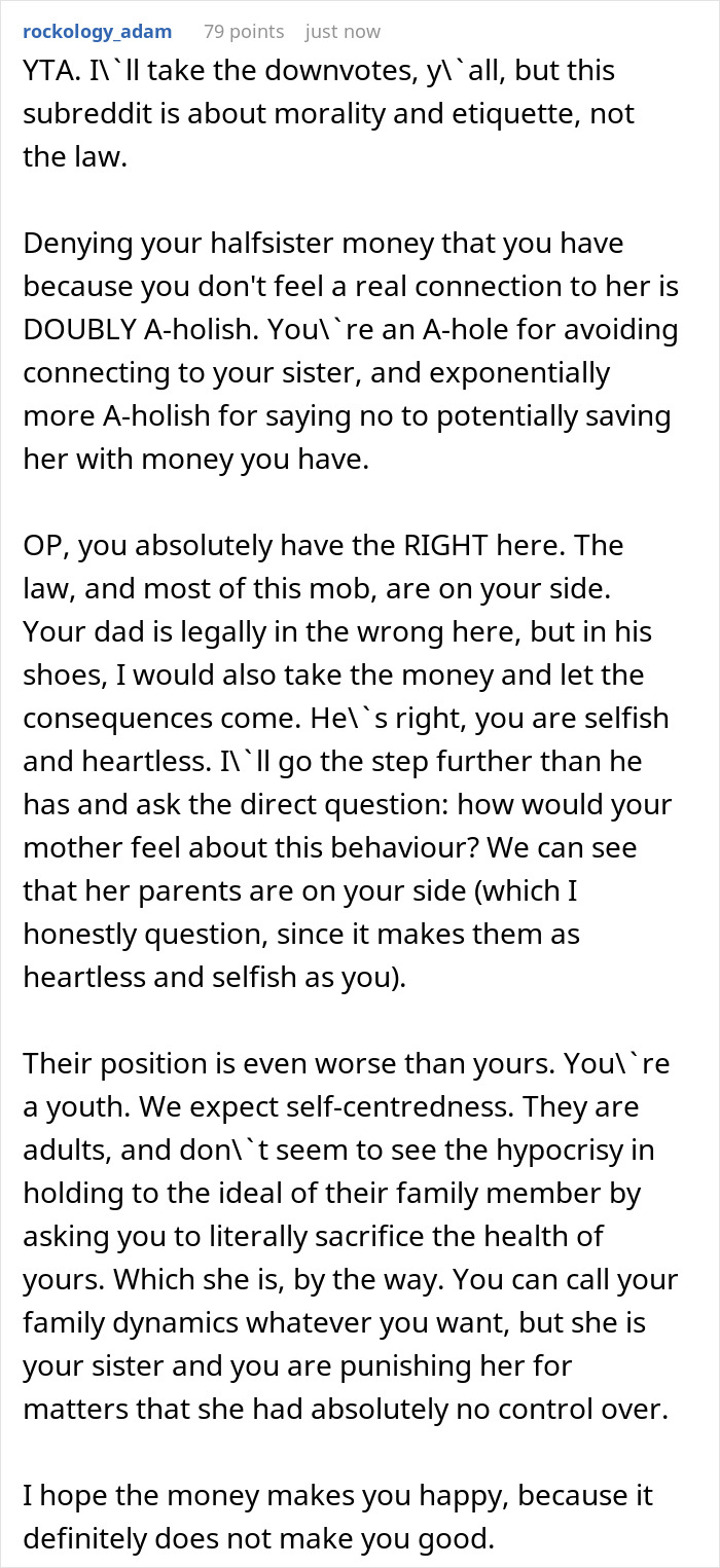 Comment discussing a dad caught stealing his son&rsquo;s inheritance, with the teen laughing as grandparents cut him off.