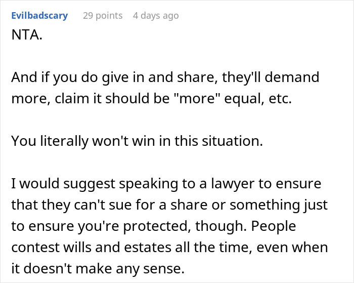 Reddit comment advising against sharing inheritance due to potential legal issues. Reddit comment advising against sharing inheritance due to potential legal issues.