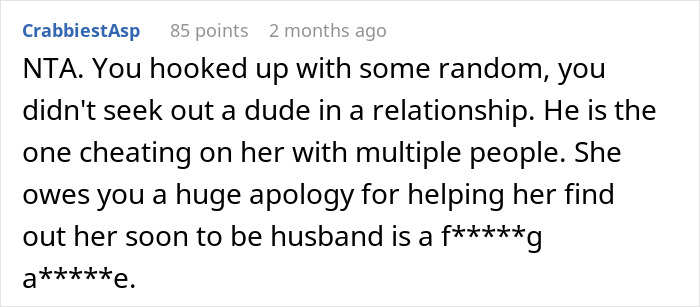 Comment discussing relationship advice about accidental hookup at a pre-wedding party. Comment discussing relationship advice about accidental hookup at a pre-wedding party.