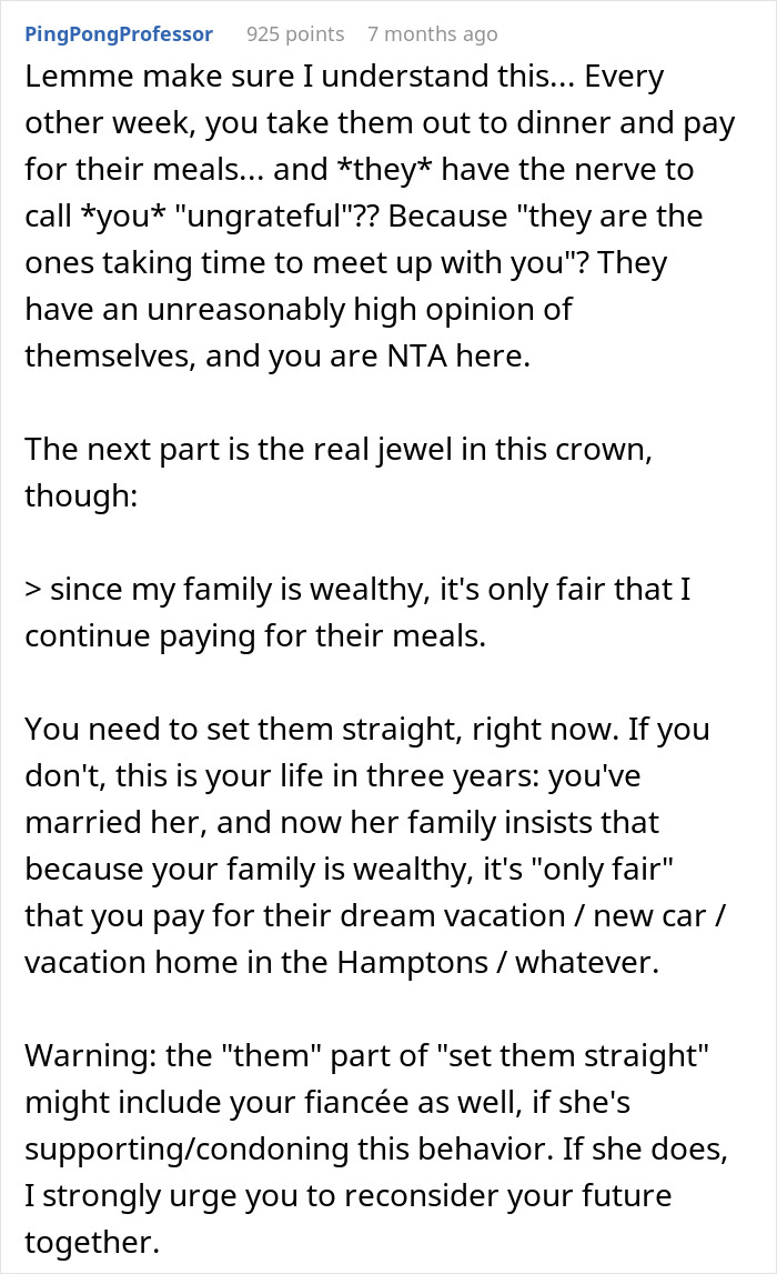 Reddit comment criticizing relationship dynamics over treating fiancée's family to dinners and tipping issue. Reddit comment criticizing relationship dynamics over treating fiancée's family to dinners and tipping issue.