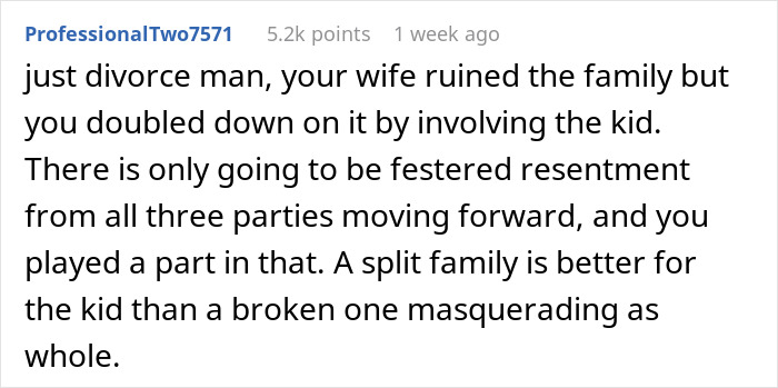 A Reddit comment advises on family issues related to a wife's affair and child involvement. A Reddit comment advises on family issues related to a wife's affair and child involvement.