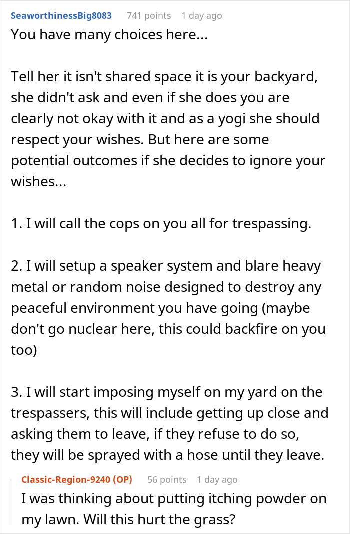 "She Just Laughed": Lady Refuses To Stop Using Person's Back Yard For Her Yoga Sessions "She Just Laughed": Lady Refuses To Stop Using Person's Back Yard For Her Yoga Sessions