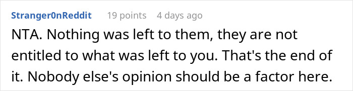 Reddit comment about inheritance, stating that only the rightful recipient is entitled to it. Reddit comment about inheritance, stating that only the rightful recipient is entitled to it.