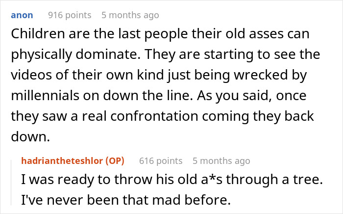 Reddit comments about a confrontation involving a child and an older man, discussing reactions and emotions. Reddit comments about a confrontation involving a child and an older man, discussing reactions and emotions.