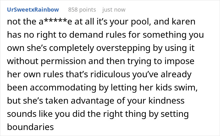 Comment discussing Karen using neighbor’s pool without permission and imposing her own rules, seen as overstepping boundaries. Comment discussing Karen using neighbor’s pool without permission and imposing her own rules, seen as overstepping boundaries.