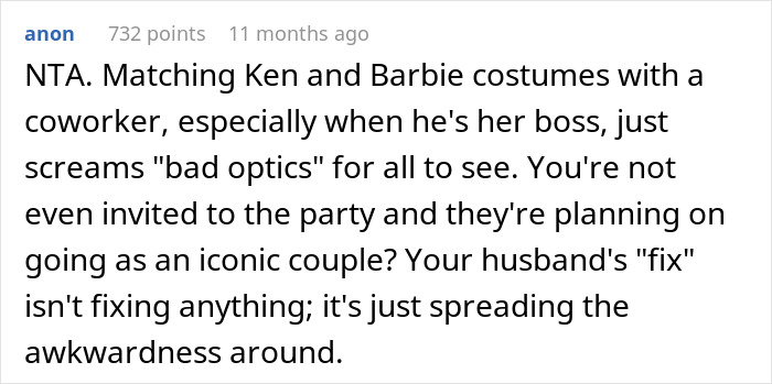 “AITA For Telling My Husband He Shouldn’t Do Matching Ken/Barbie Costumes With His Female Coworker?” “AITA For Telling My Husband He Shouldn’t Do Matching Ken/Barbie Costumes With His Female Coworker?”