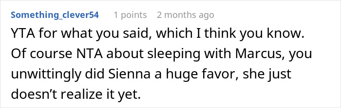 Reddit comment discussing an incident of someone accidentally sleeping with a friend's fiancé before a wedding. Reddit comment discussing an incident of someone accidentally sleeping with a friend's fiancé before a wedding.