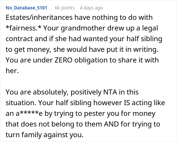 Text response asserting no obligation to share inheritance, supporting refusal against family manipulation. Text response asserting no obligation to share inheritance, supporting refusal against family manipulation.