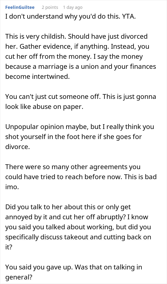 Wife Accuses Husband Of &lsquo;Starving Her&rsquo; After He Cancels Credit Card Due To $1,176 Takeout Bill