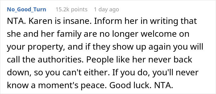 Reddit comment discussing Karen using neighbor’s pool as her own and advice to set boundaries firmly. Reddit comment discussing Karen using neighbor’s pool as her own and advice to set boundaries firmly.