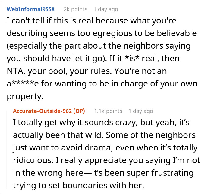 Comments discussing a neighbor setting rules after Karen uses his pool as her own, sparking frustration and boundary issues. Comments discussing a neighbor setting rules after Karen uses his pool as her own, sparking frustration and boundary issues.