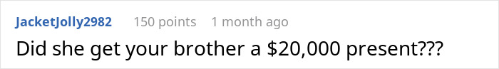 Comment questioning woman's entitlement over expensive wedding gifts. Comment questioning woman's entitlement over expensive wedding gifts.