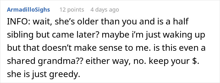 Reddit comment discussing a family's manipulation over inheritance, calling stepsister greedy. Reddit comment discussing a family's manipulation over inheritance, calling stepsister greedy.