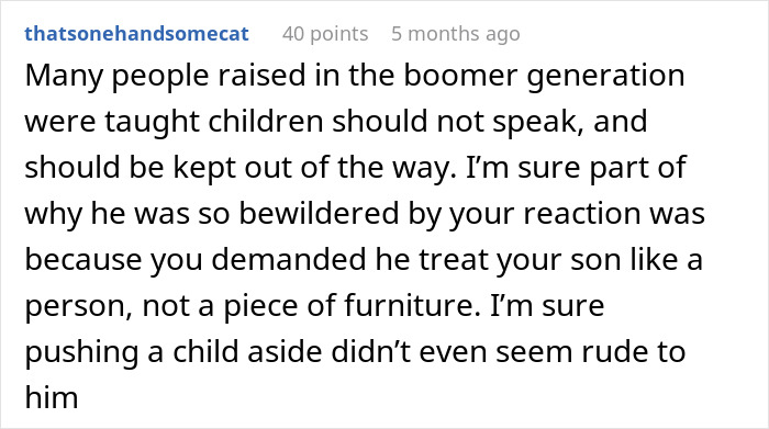 Comment discussing generational views on children's behavior and treatment, highlighting a specific incident. Comment discussing generational views on children's behavior and treatment, highlighting a specific incident.