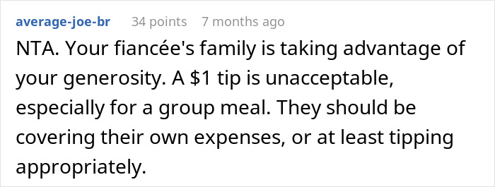 Reddit comment disapproving of fiancée's family's $1 tips and urging fair tipping practices. Reddit comment disapproving of fiancée's family's $1 tips and urging fair tipping practices.