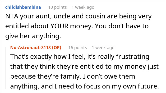 “It’s Just Sitting There”: Family Demands Woman Give Her College Savings To Dropout Cousin “It’s Just Sitting There”: Family Demands Woman Give Her College Savings To Dropout Cousin