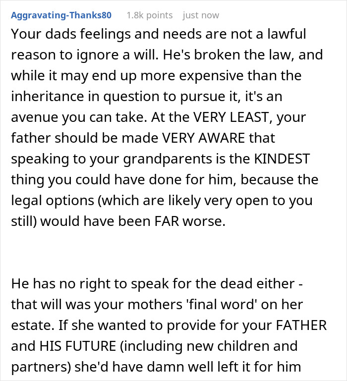 Reddit comment explaining legal issues of dad stealing son&rsquo;s inheritance while grandparents cut him off.