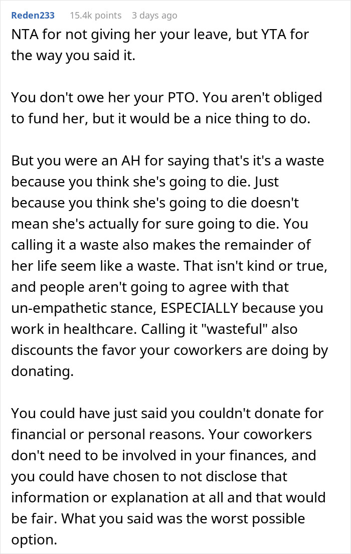 "I&rsquo;m Not Actually Sympathetic To Her Situation": Person Doesn't Donate PTO To Dying Coworker