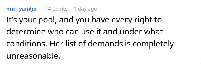 Comment highlighting neighbor's right to set pool rules as Karen brings an unreasonable list of demands. Comment highlighting neighbor's right to set pool rules as Karen brings an unreasonable list of demands.