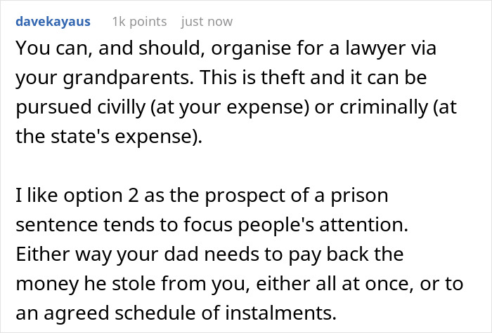 Comment discussing legal advice on dad stealing son's inheritance and consequences involving grandparents and possible prison sentence.