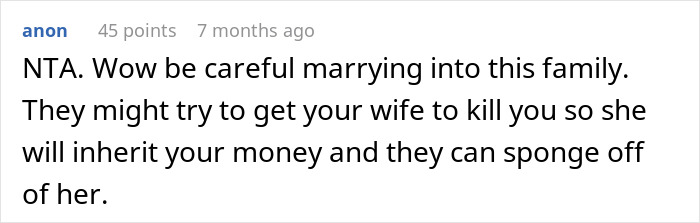 Comment discussing concern over fiancée’s family's tipping habits and potential motives. Comment discussing concern over fiancée’s family's tipping habits and potential motives.