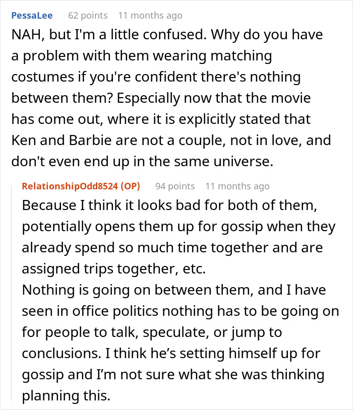 “AITA For Telling My Husband He Shouldn’t Do Matching Ken/Barbie Costumes With His Female Coworker?” “AITA For Telling My Husband He Shouldn’t Do Matching Ken/Barbie Costumes With His Female Coworker?”