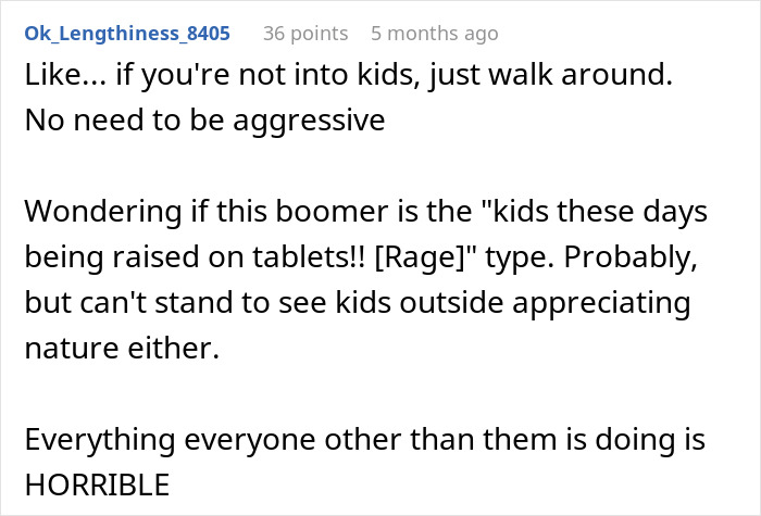 Comment discussing older man's reaction to child showing a snail and societal attitudes towards kids. Comment discussing older man's reaction to child showing a snail and societal attitudes towards kids.