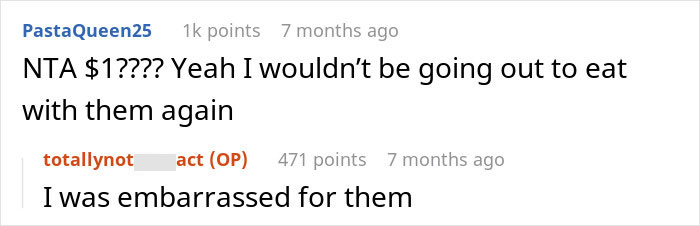 Reddit comments discussing low tipping, expressing frustration over fiancée's family's $1 tips at dinners. Reddit comments discussing low tipping, expressing frustration over fiancée's family's $1 tips at dinners.