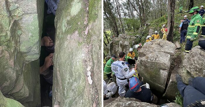 “Lucky” Woman Trapped Upside Down For 7 Hours Between Boulders After Trying To Recover Her Phone