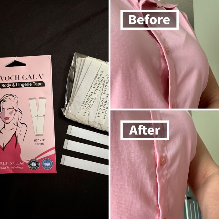 Package of body and lingerie tape with before and after images showing a clever hack to fix shirt gaping problems.