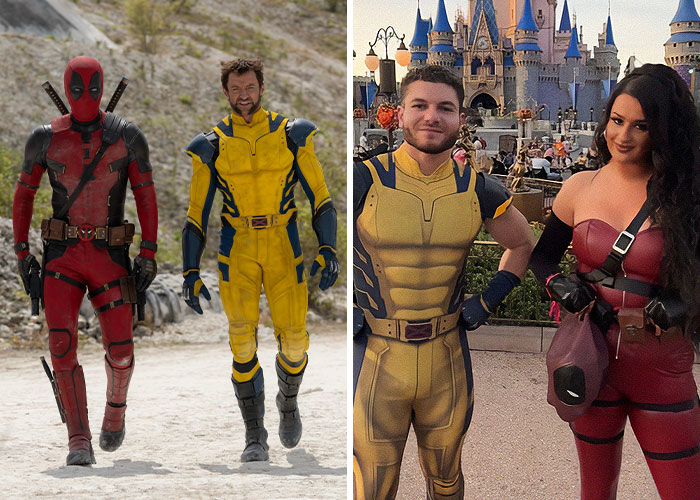 Two pairs dressed in popular Halloween costumes inspired by superhero characters, posing outdoors near a castle.