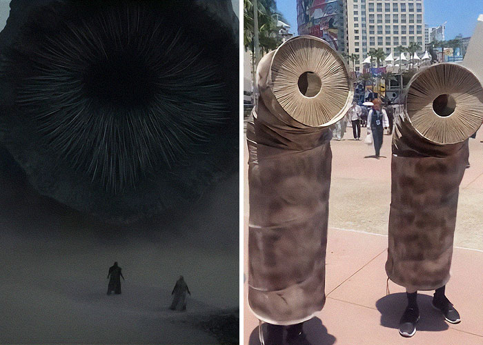 Large creature with a circular mouth looms over two small figures, next to two people in creative Halloween costumes outdoors.