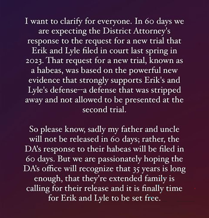 Erik Menendez&rsquo;s Stepdaughter Shares Major Update On "New Evidence" And Potential Release