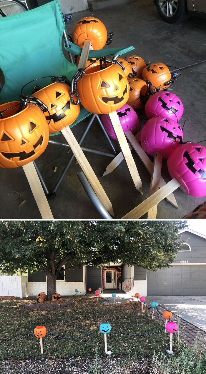 Made A Fence For Halloween. Chains Are From Dollar Tree. Wooden Stakes, Wood Screws, Washers, And Zip Ties Are From Home Depot. Pumpkin Buckets Are From Walmart