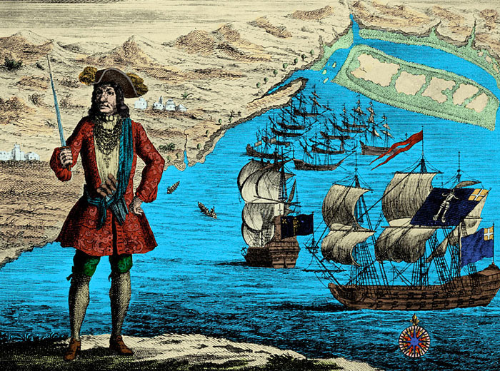 Illustration of a famous pirate in a red coat and hat holding a sword, standing on a coast with sailing ships in the blue sea nearby.