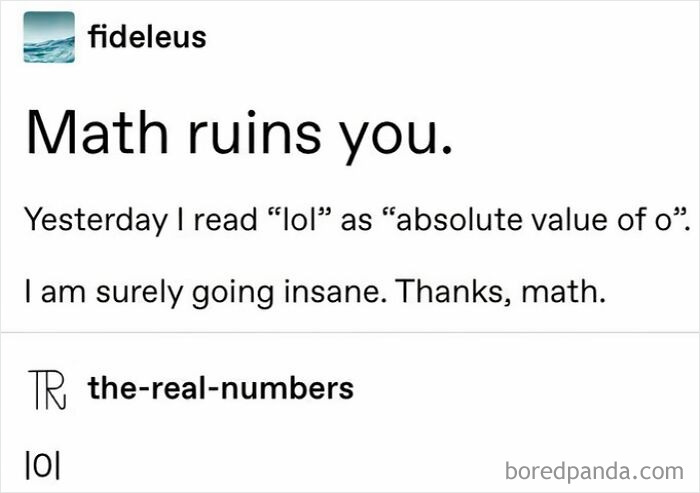 Math humor meme showing a joke about reading lol as absolute value of zero, combining science and humor.