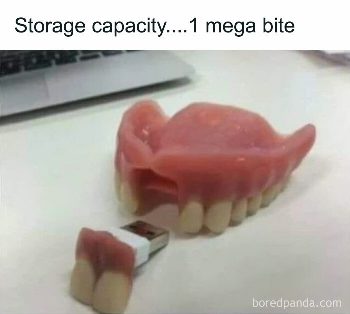 Dental mold USB humor with science joke about storage capacity showing a denture and USB labeled 1 mega bite.