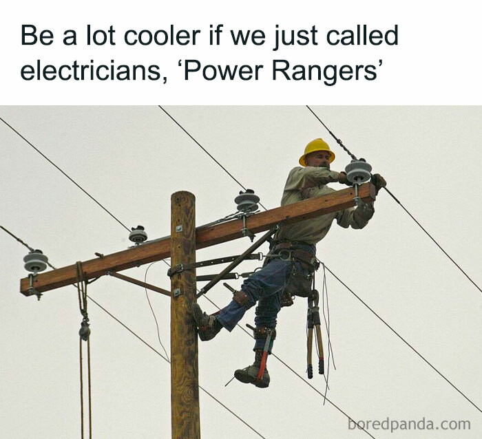 Electrician working on power lines with humor caption about science and humor combining perfectly in memes.