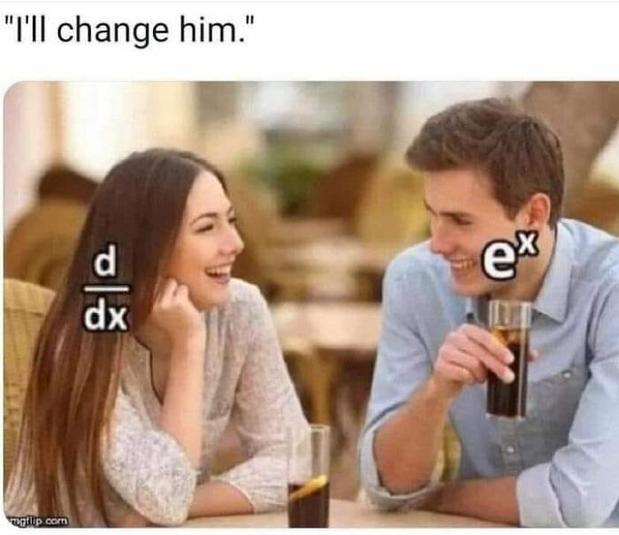 Woman labeled with derivative symbol talking to man labeled with exponential function, a science and humor meme.