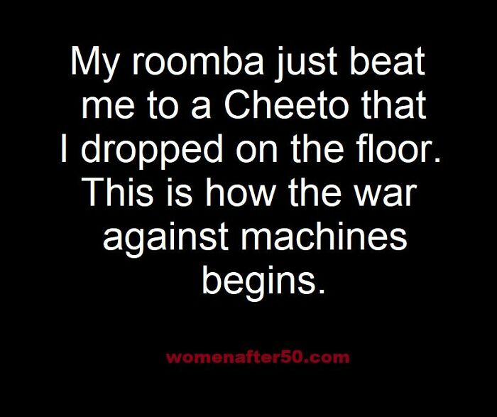 Humorous science meme about a Roomba beating a person to a dropped Cheeto, reflecting tech and humor combined.