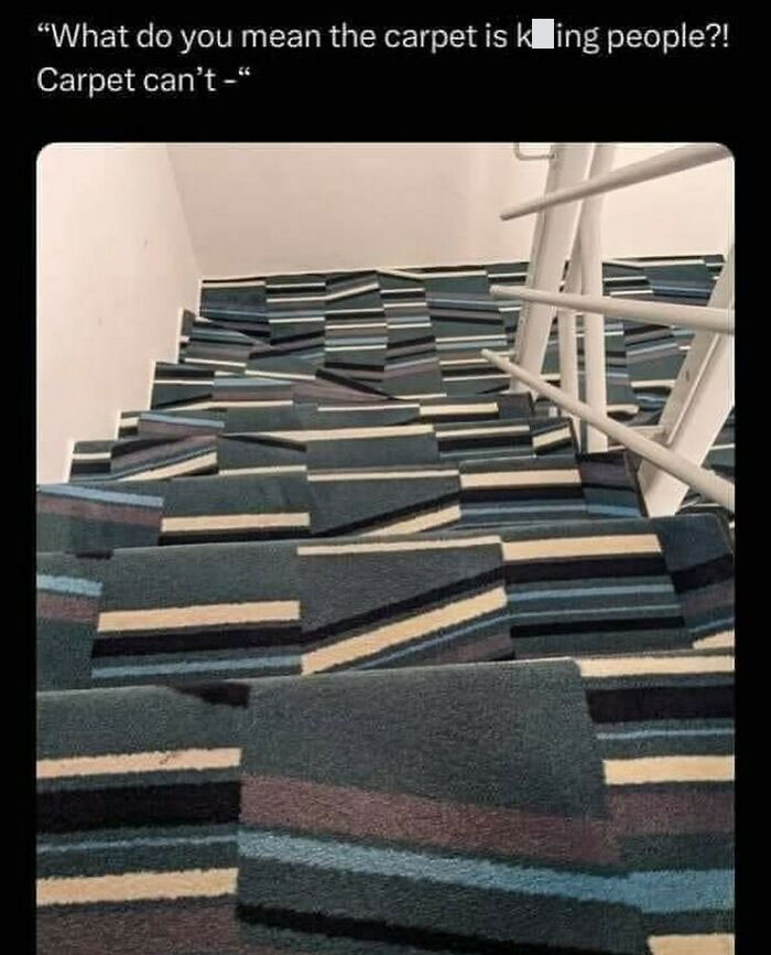 Cringeworthy design fail: Misaligned striped carpet on stairs creating an optical illusion.