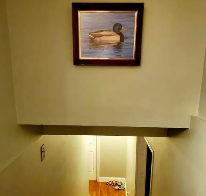 Framed duck picture awkwardly placed at top of a low ceiling stairway, exemplifying design fails.