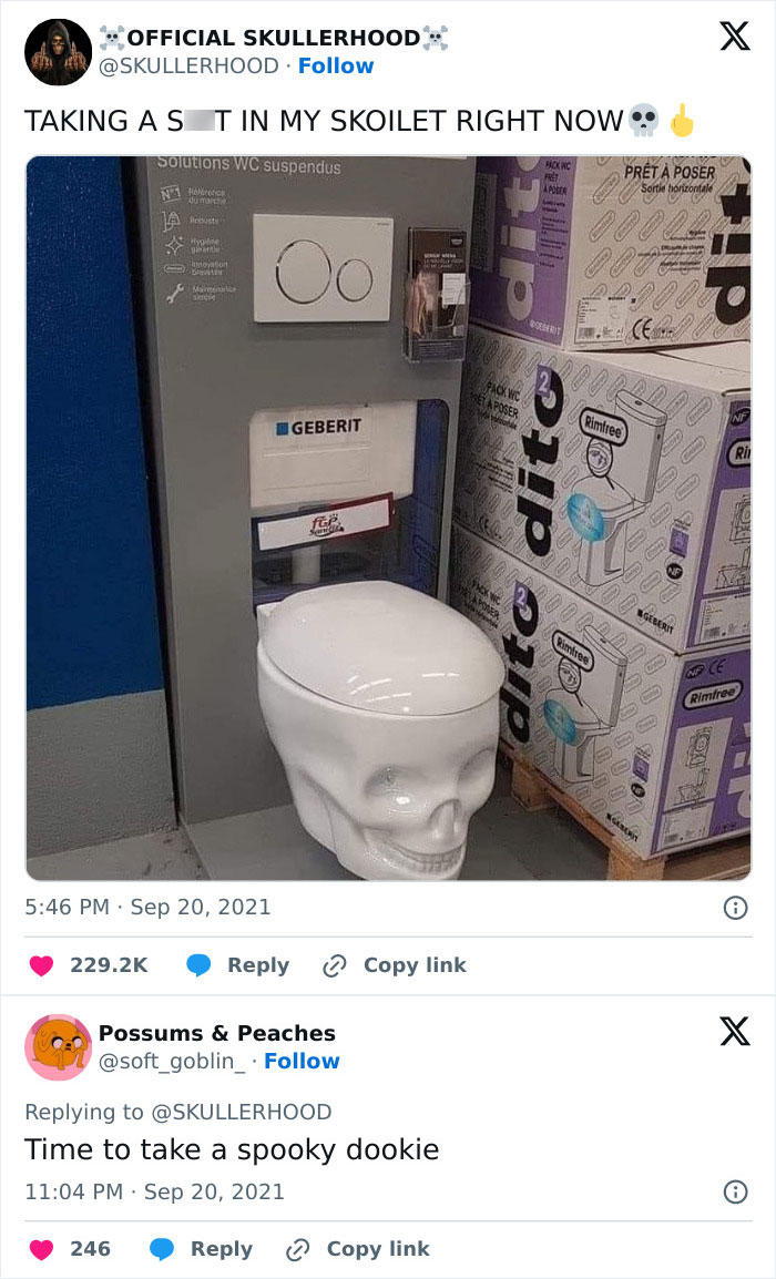 Skull-shaped toilet, a cringeworthy design fail, showcased in a humorous tweet.