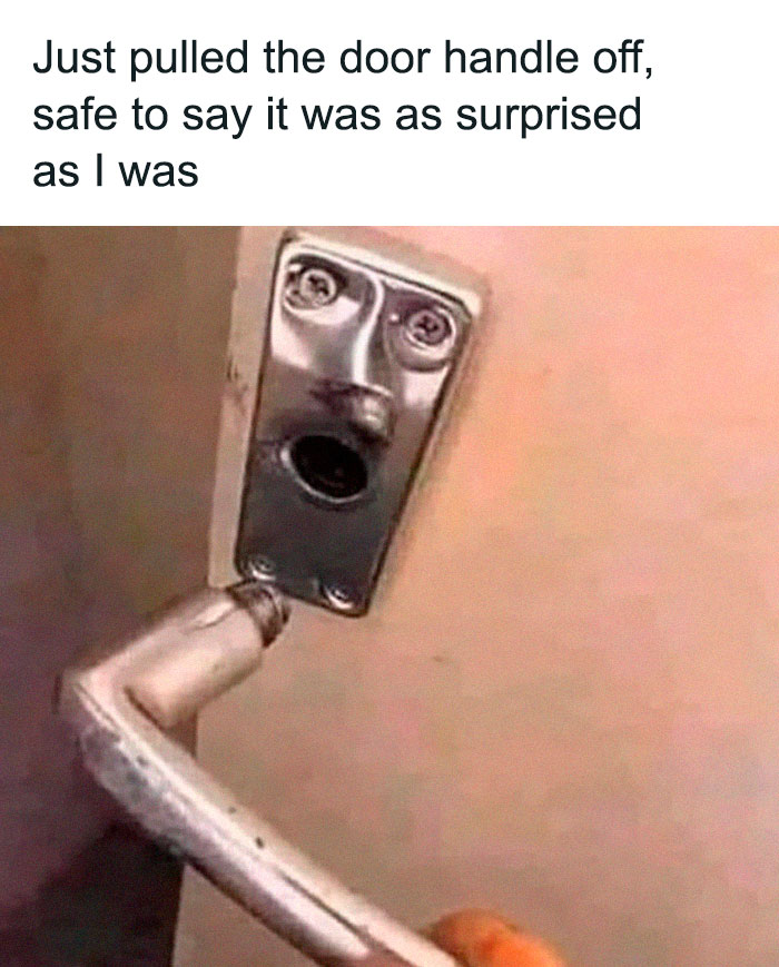 Cringeworthy design fail: door handle pulled off, leaving a surprised face-like expression on the latch.