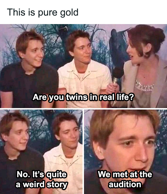 Two people being interviewed about being real-life twins, humorously respond they met at the Harry Potter audition.