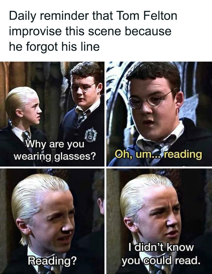 A funny Harry Potter meme showing a character improvising a line about reading glasses.